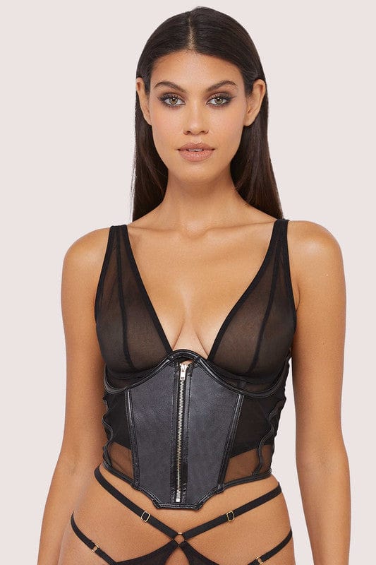 Model wears a black vegan leather underbust corset with underwire shaping and sheer mesh front with vegan leather.