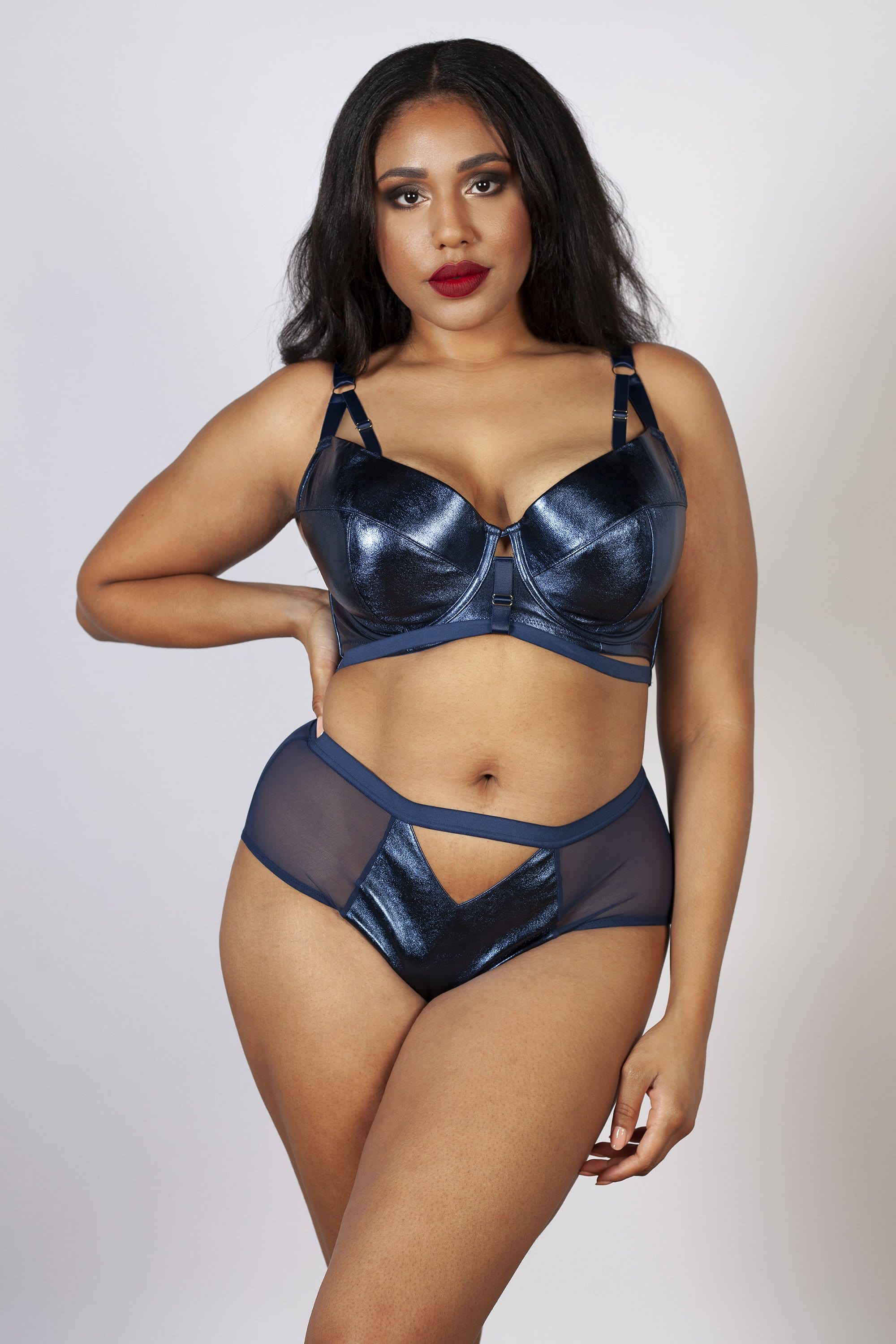 Kayla Metallic Leatherette Bra Midnight Blue B - K