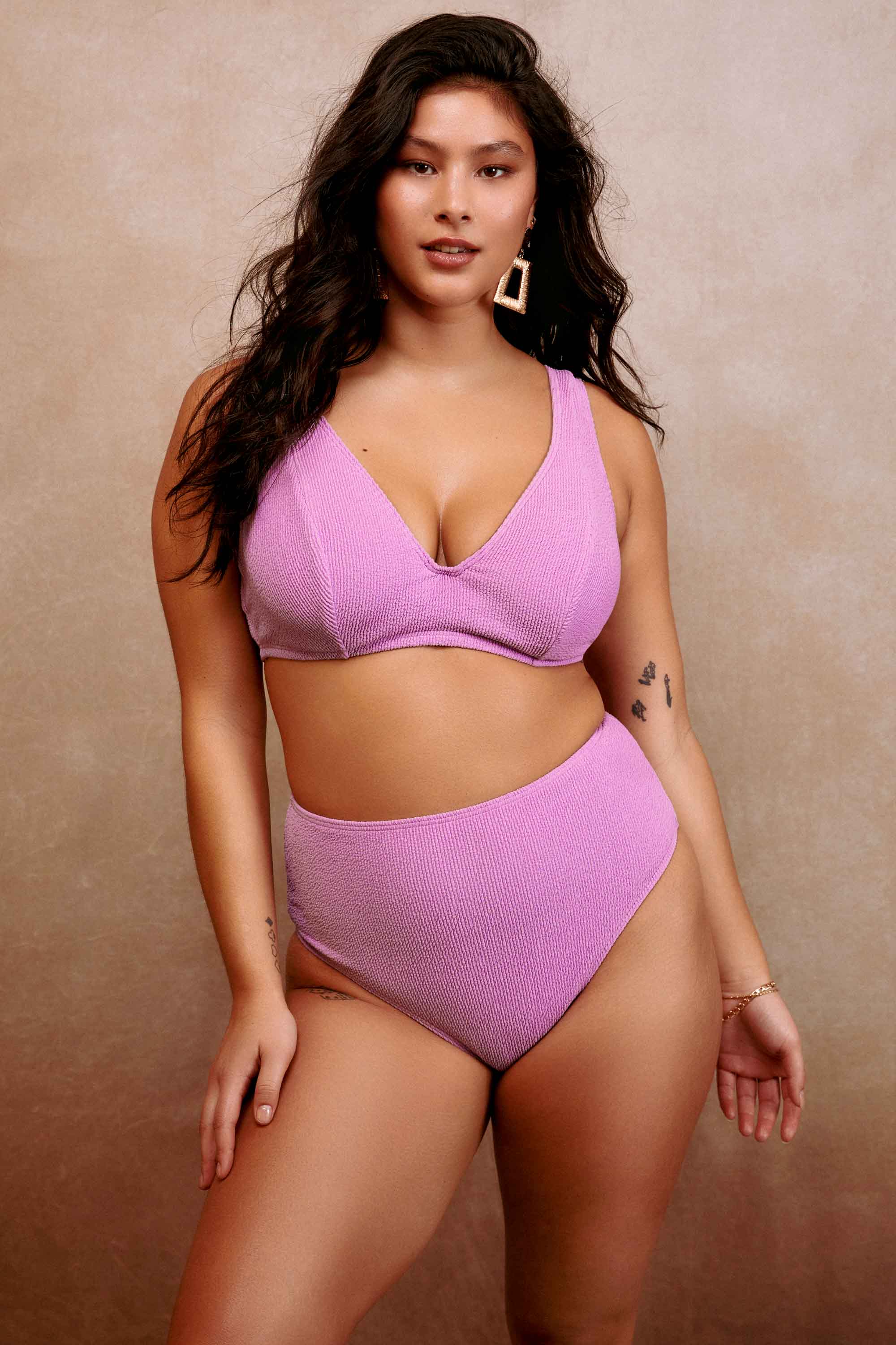 model wears lilac scrunch fabric hidden underwire bikini swimwear set