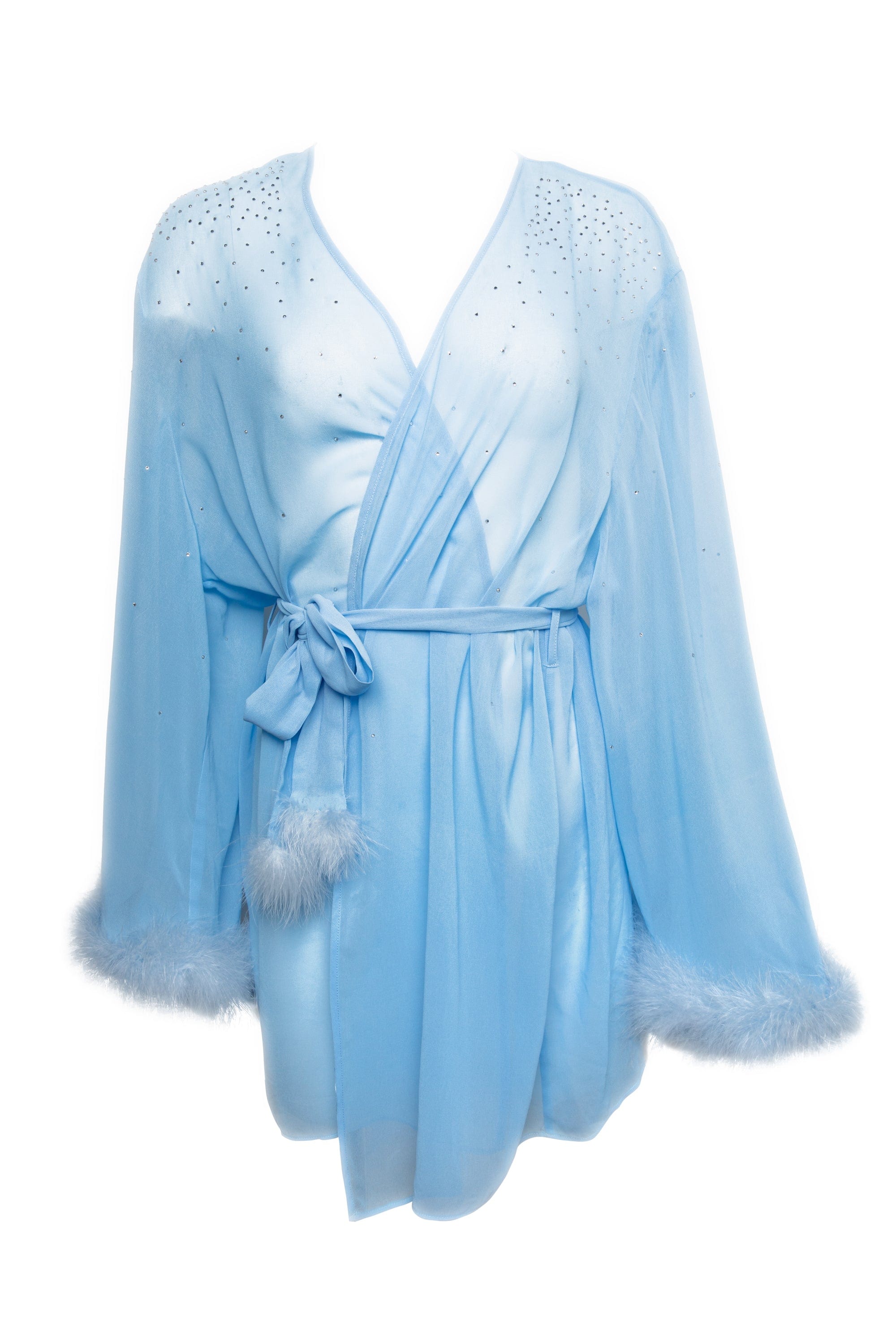 Marilyn Baby Blue Diamanté Feather Robe – Playful Promises USA