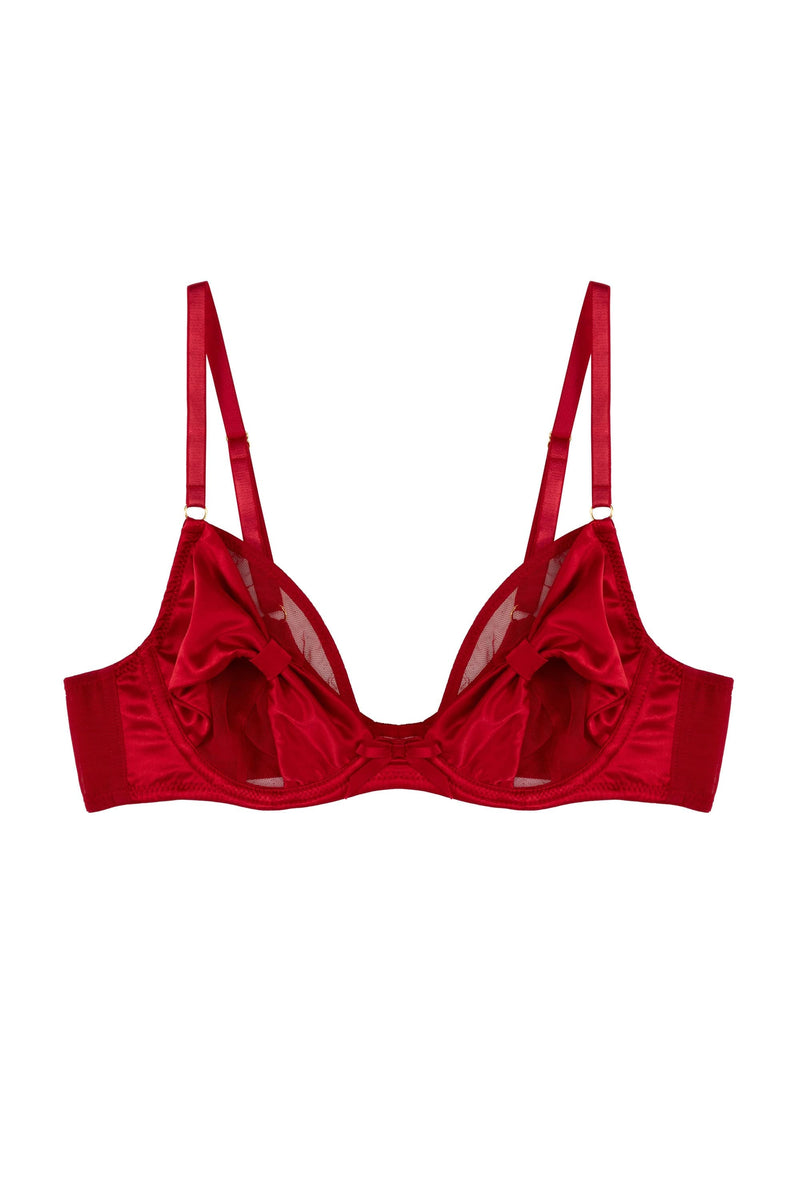 Red satin plunge bra with sexy bow details and sheer mesh cups