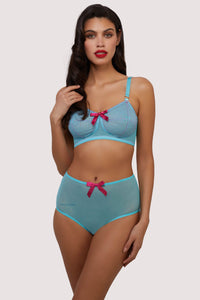 Model wears retro sky blue mesh high waist briefs and spiral bullet bra lingerie set