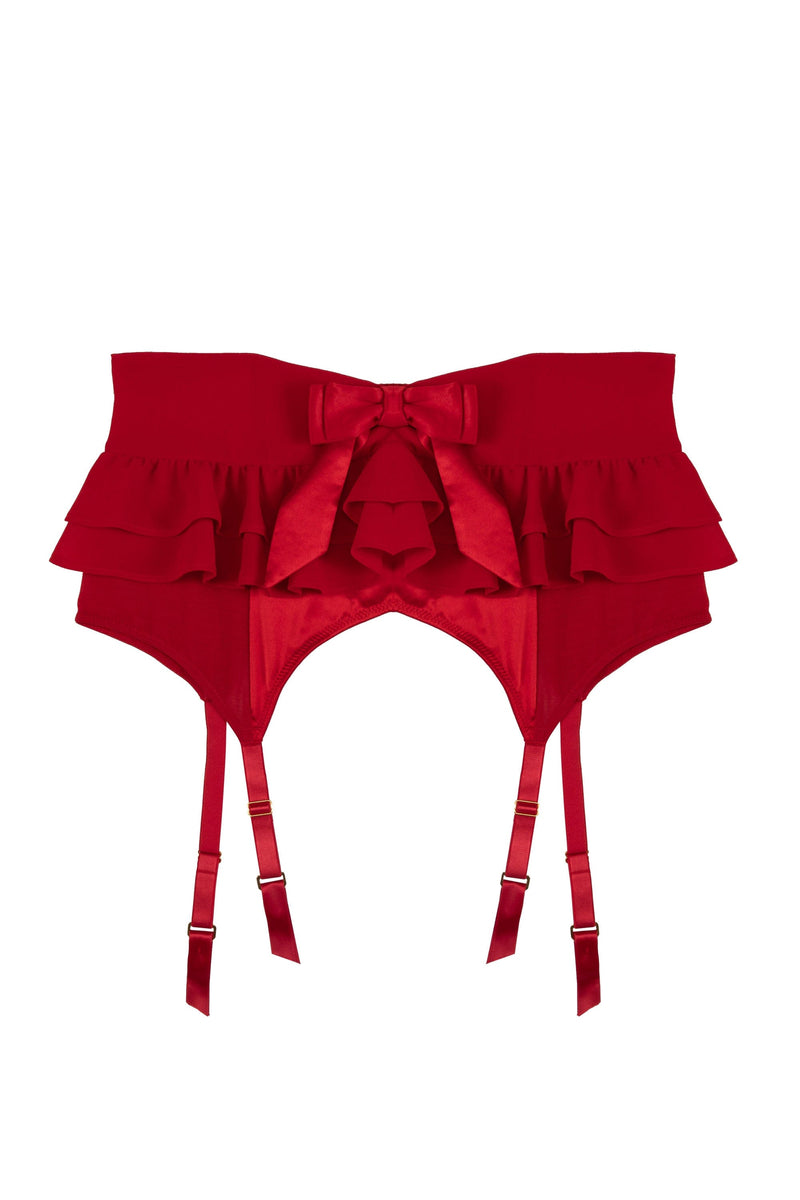 Retro red suspender belt with bow and double layer ruffle skirt