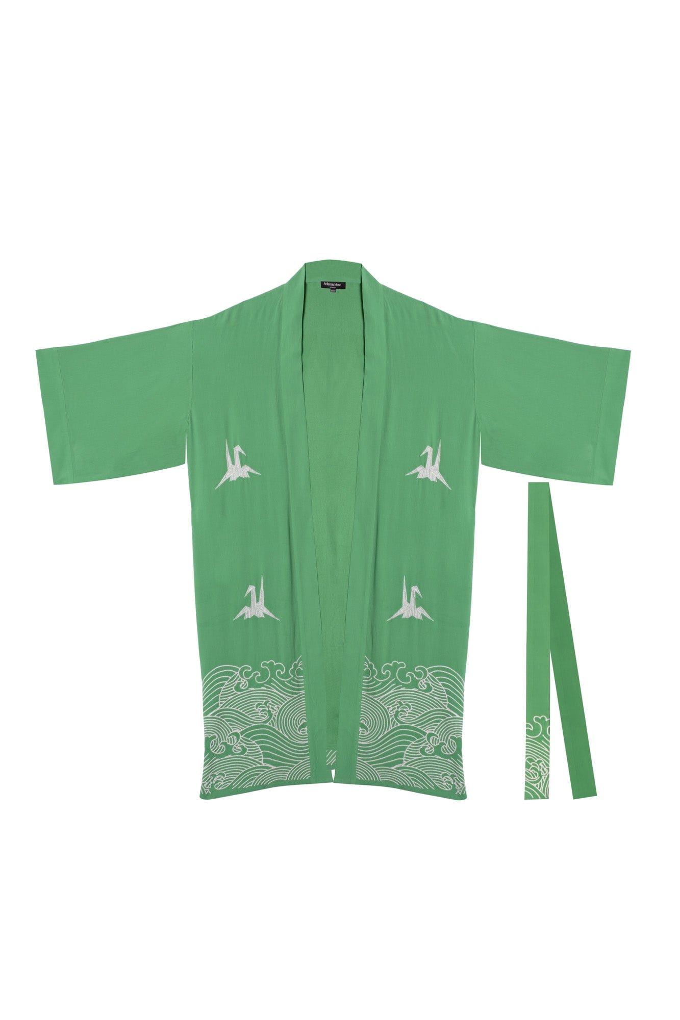 Long bright green lined kimono style belted robe with ivory embroidered origami heron and Japanese waves