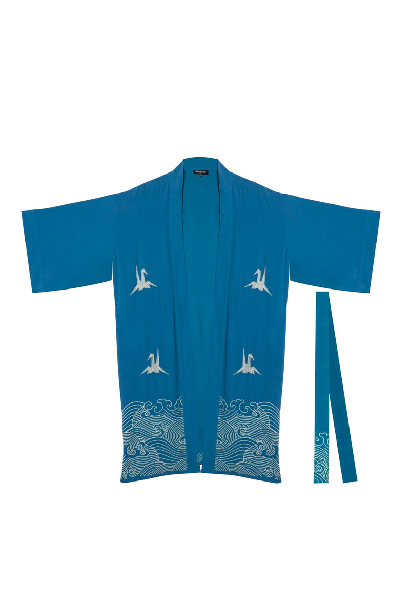 Long teal lined kimono style belted robe with ivory embroidered origami heron and Japanese waves