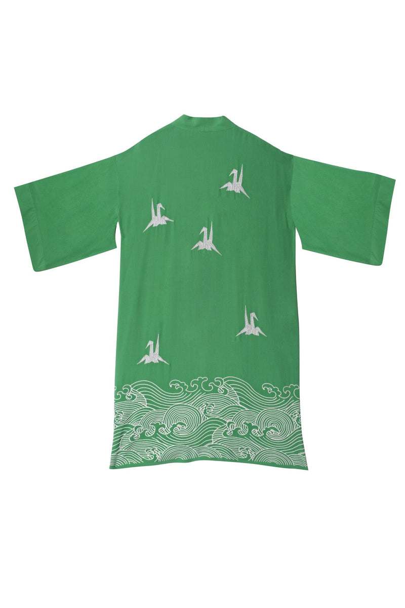 Long bright green lined kimono style robe with ivory embroidered origami heron and Japanese waves