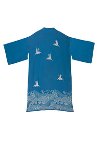 Long teal lined kimono style robe with ivory embroidered origami heron and Japanese waves