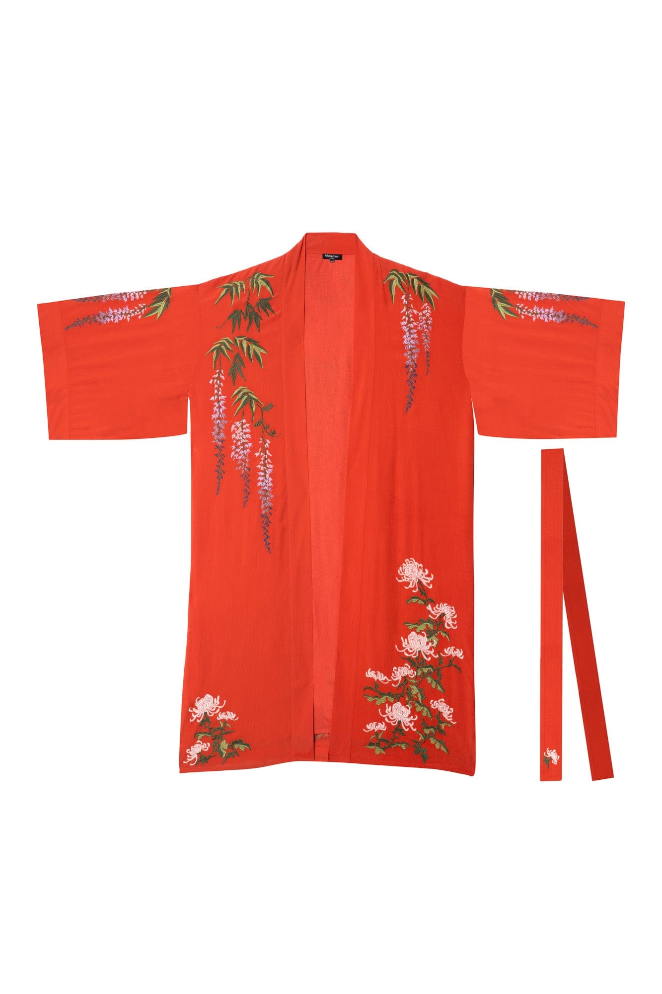 Long terracotta lined kimono style belted robe with colourful embroidered wisteria and chrysanthemums