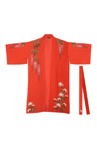 Long terracotta lined kimono style belted robe with colourful embroidered wisteria and chrysanthemums