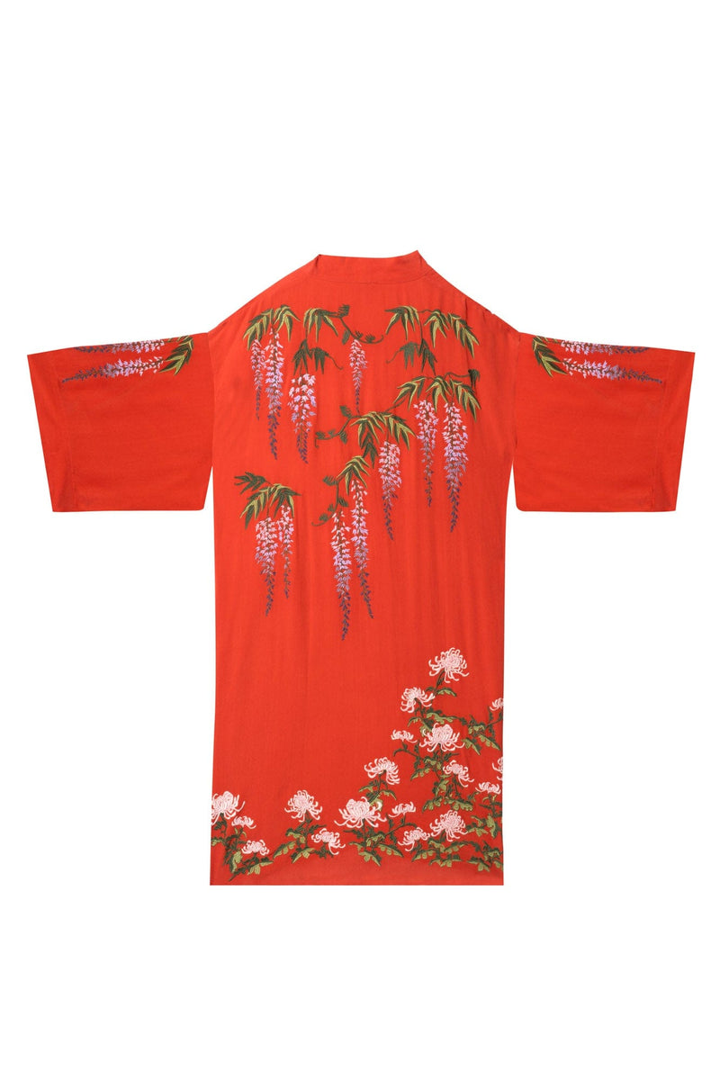 Long terracotta lined kimono style robe with colourful embroidered wisteria and chrysanthemums