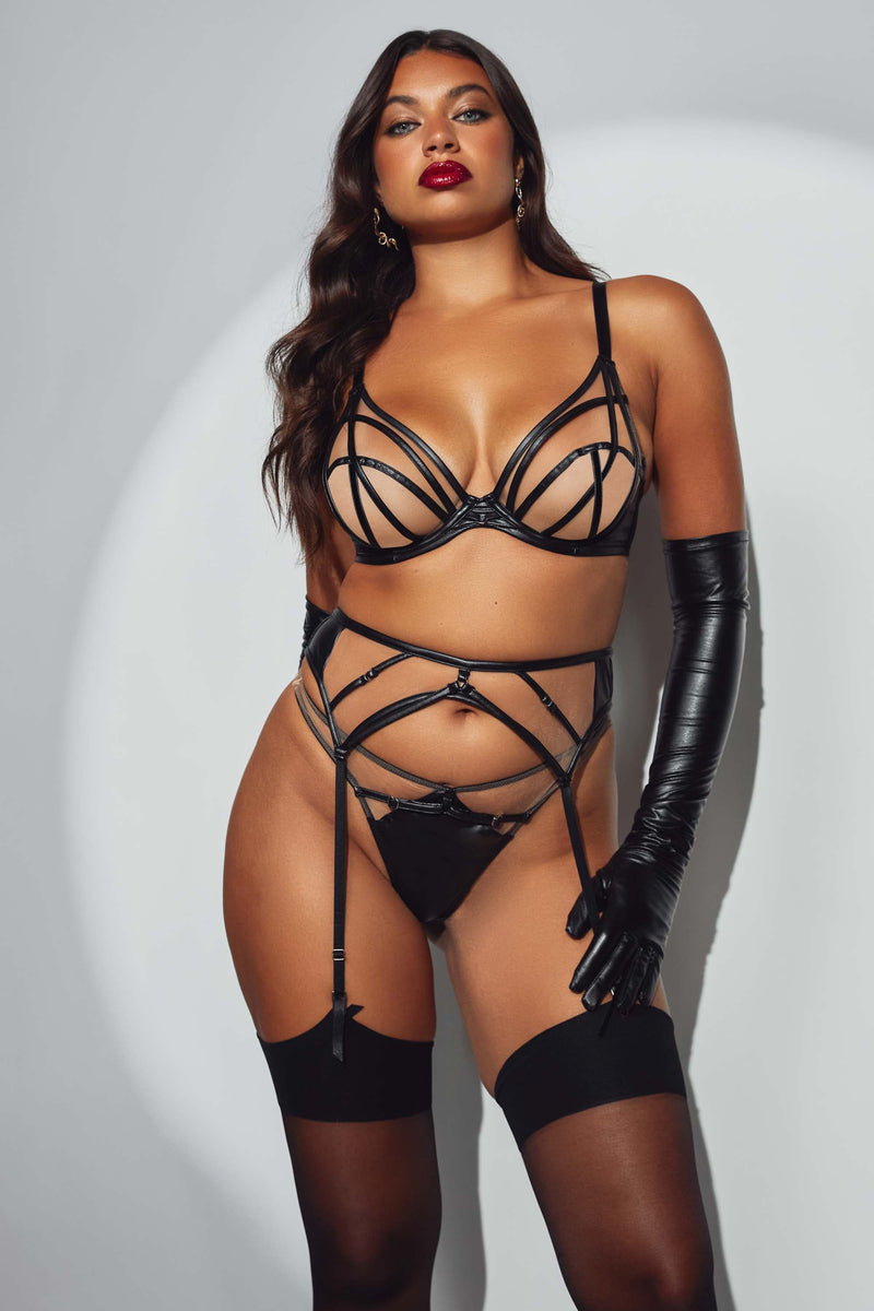 Ramona Black Leatherette Strap Detail Illusion Mesh Suspender