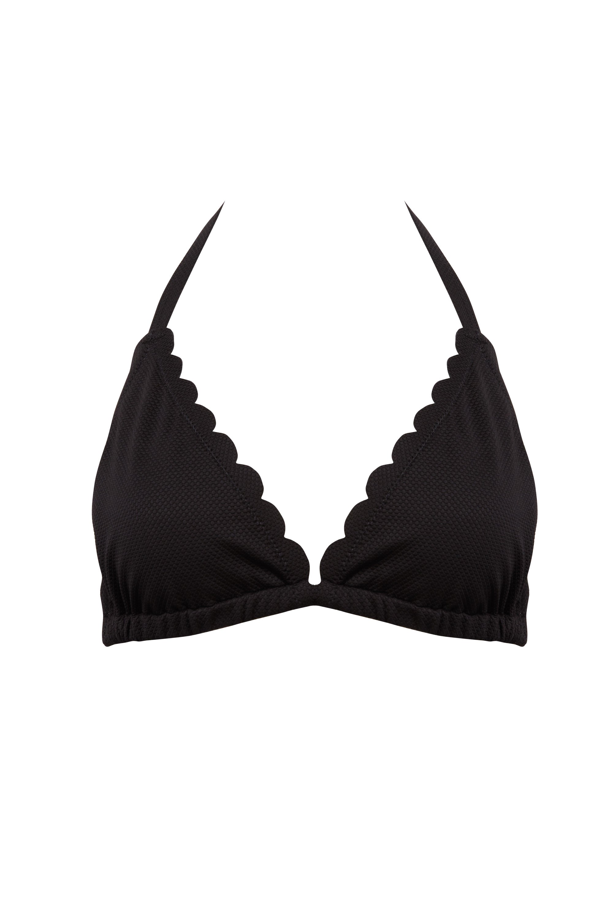 Textured black scalloped halter tie triangle bikini top