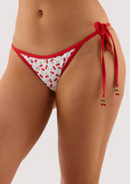 Fuller Bust|Model wears a cherry red and white tie side bikini brief with tie-side style for adjustable fit featuring red trim cherry charms.