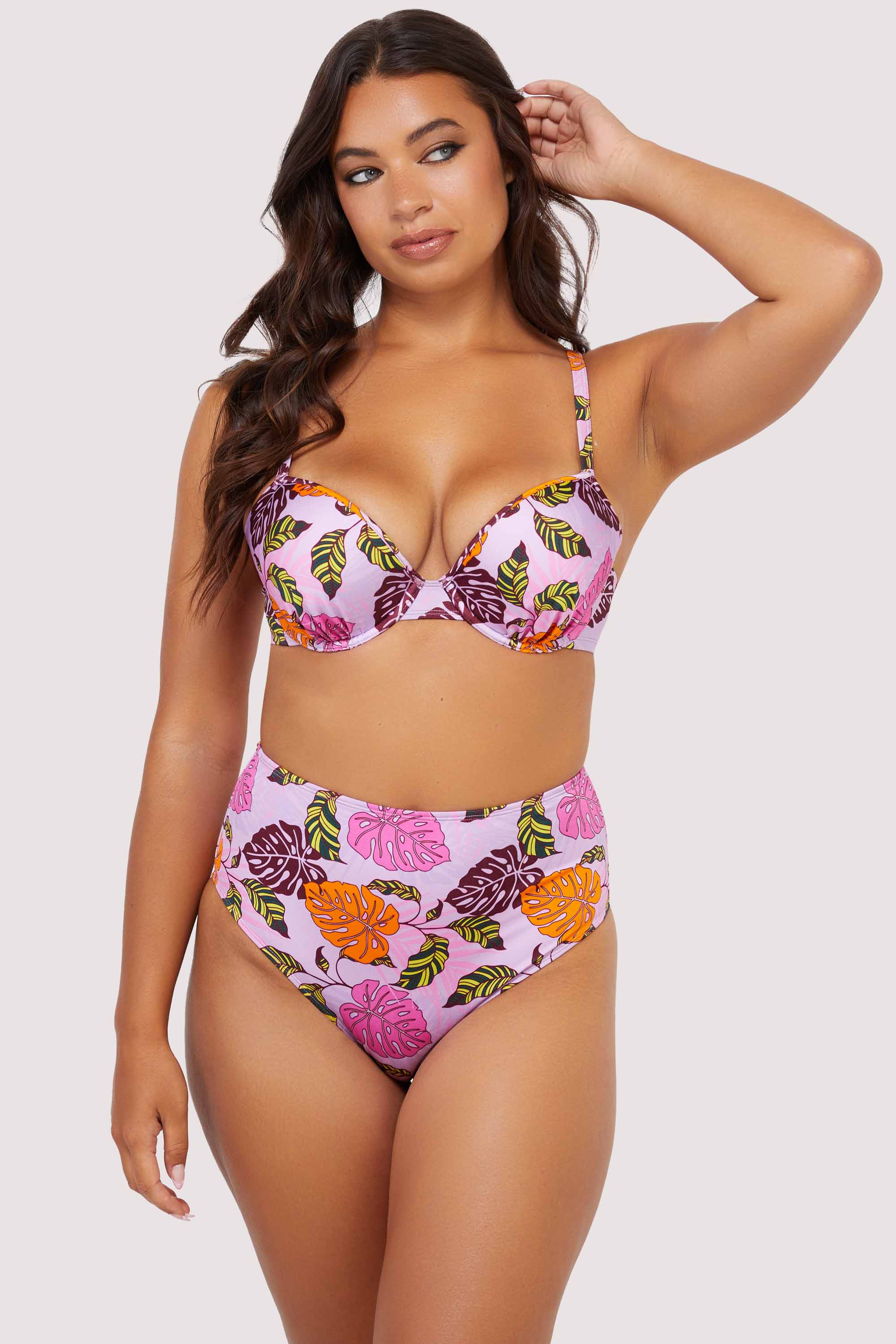 Riley Fuller Bust Mix & Match Pink Palm Print Plunge Bikini Top