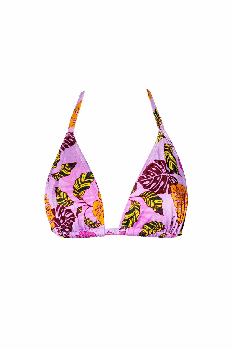 Fun pink palm tree print triangle halter tie bikini top