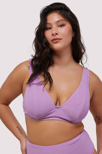 model wears lilac scrunch fabric underwire bikini top with thick shoulder straps
