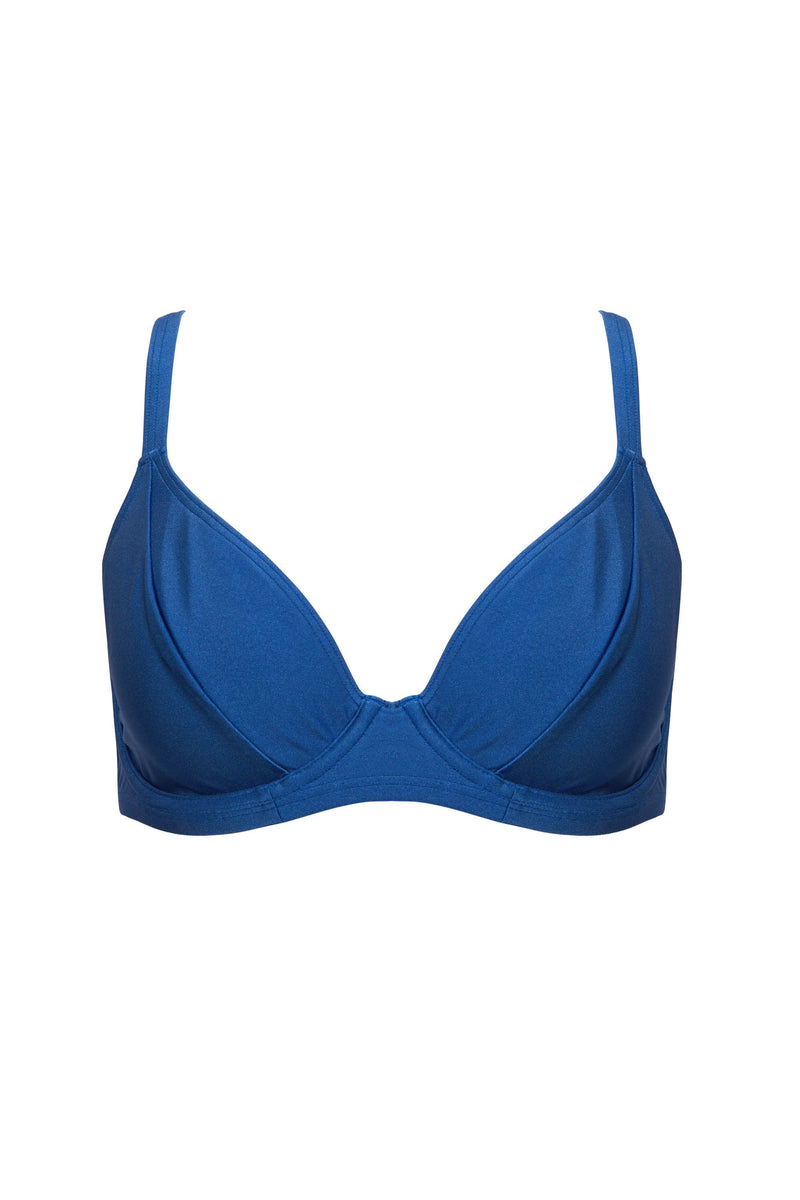 Blue underwire bikini top with shoulder straps