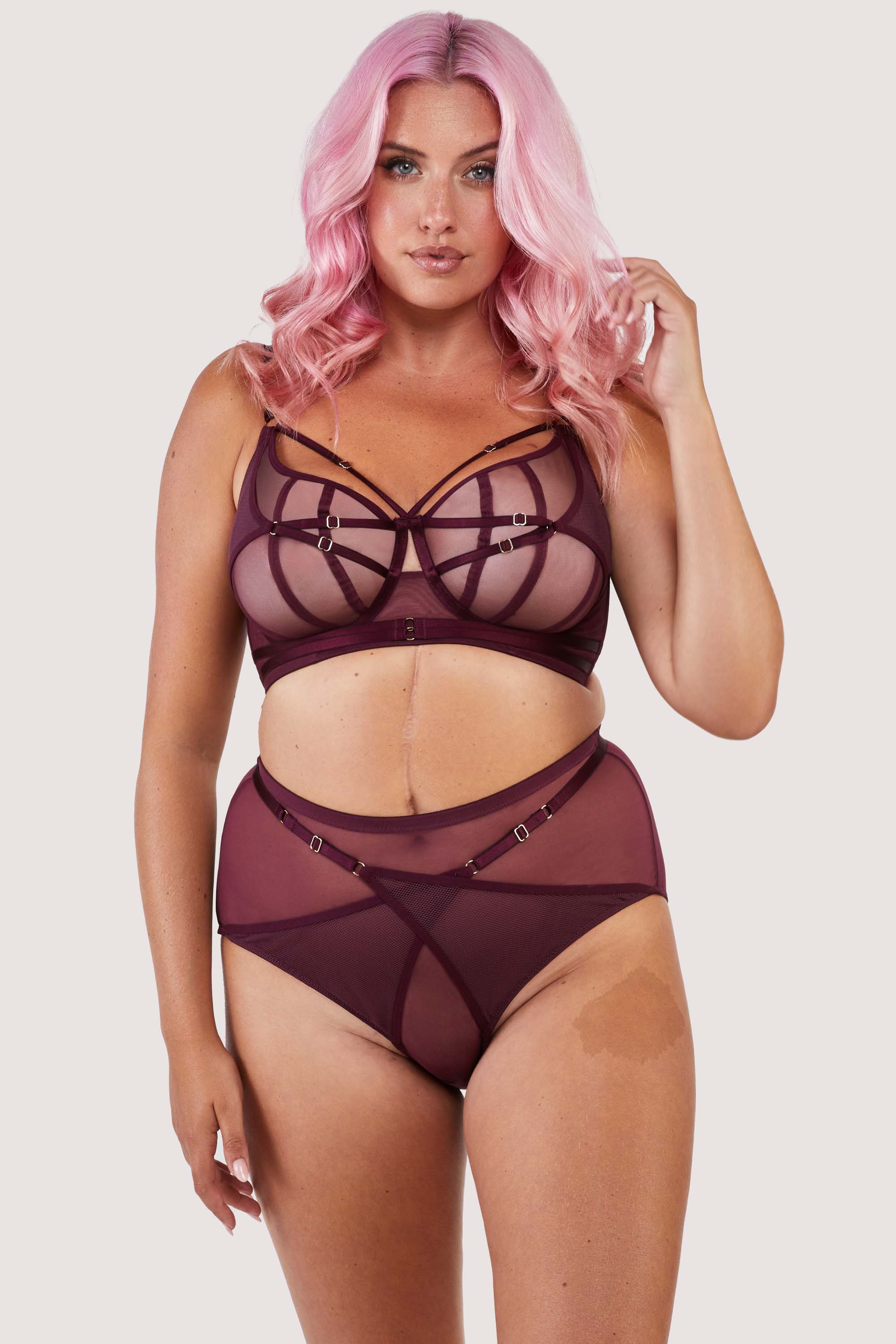 Dark purple-red mesh brief with visible gold hardware and crossover panelling across the front, paired with matching harness bra.