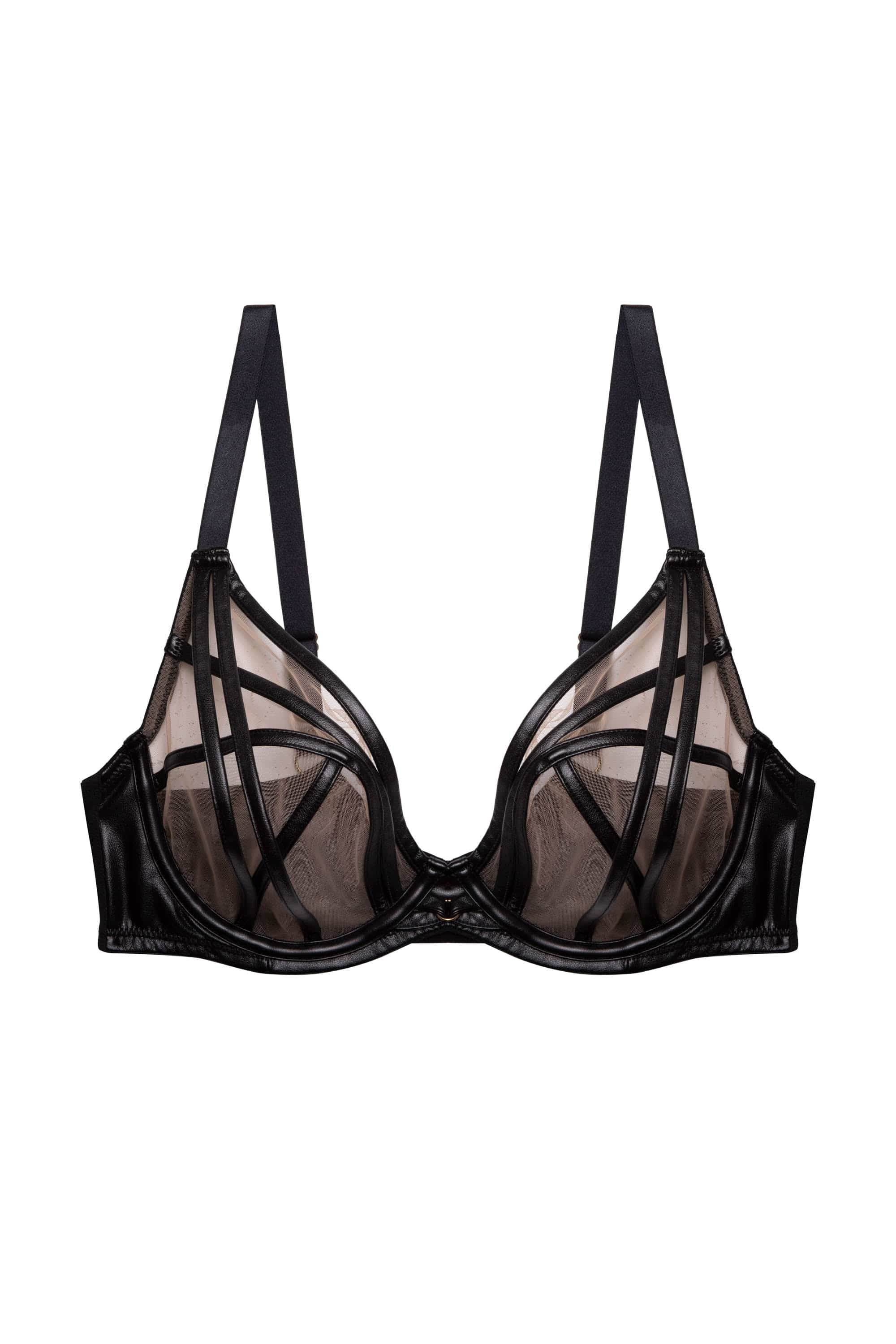 Ramona Black Leatherette Strap Detail Illusion Mesh Bra