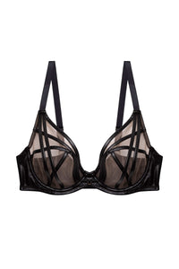 Ramona Black Leatherette Strap Detail Illusion Mesh Bra