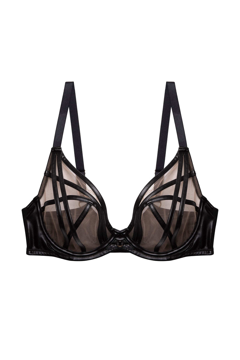 Ramona Black Leatherette Strap Detail Illusion Mesh Bra