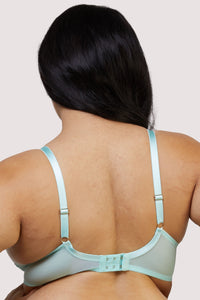 Model shows back of aqua embroidery & mesh plunge bra, showcasing adjustable shoulder straps, gold-tone hardware, and a secure hook-and-eye closure.