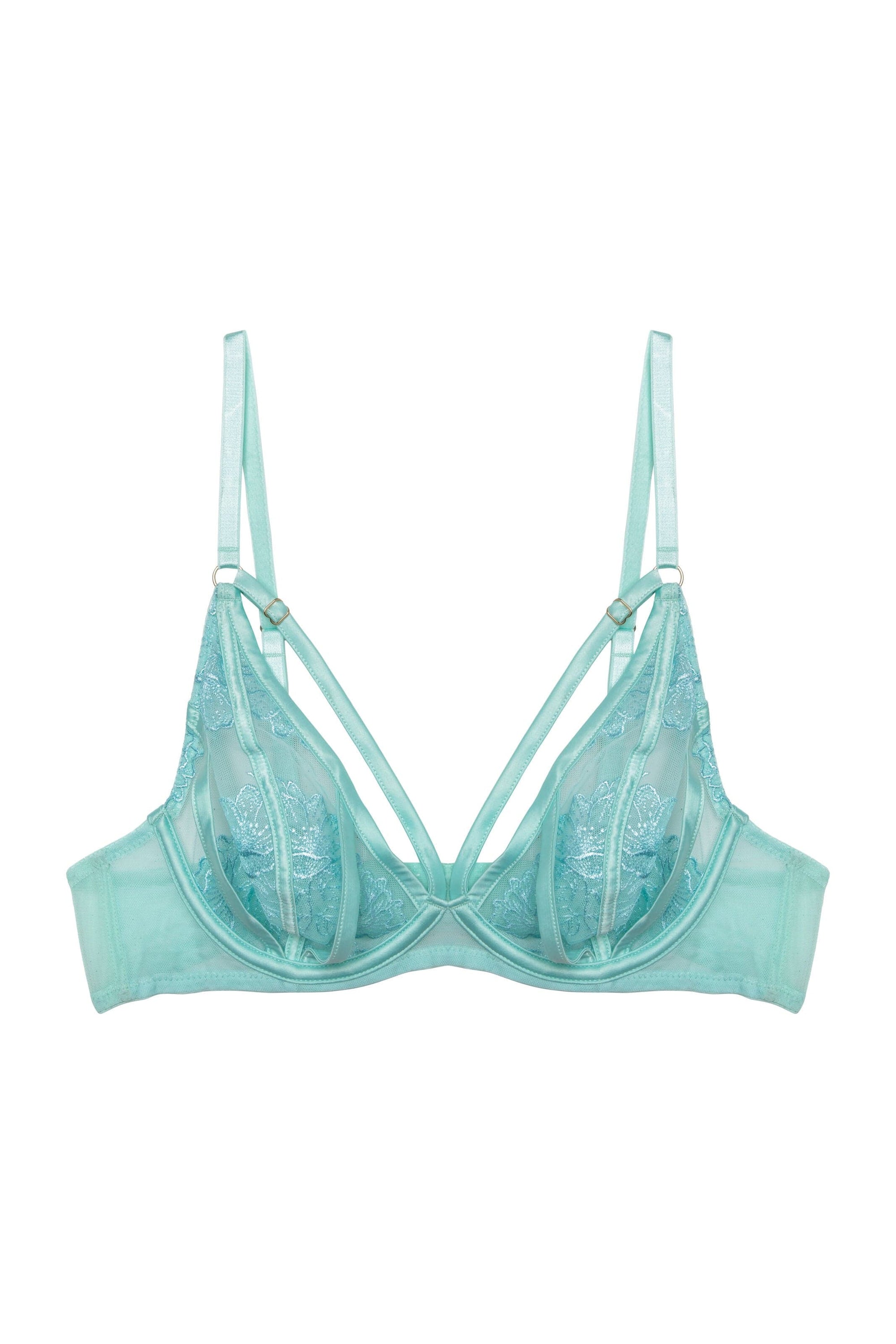 aqua plunge bra featuring sheer mesh cups with floral embroidery, supportive underwire, and decorative strappy detailing for a bold and elegant lingerie look
