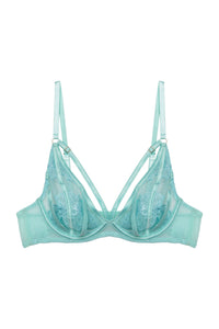 aqua plunge bra featuring sheer mesh cups with floral embroidery, supportive underwire, and decorative strappy detailing for a bold and elegant lingerie look