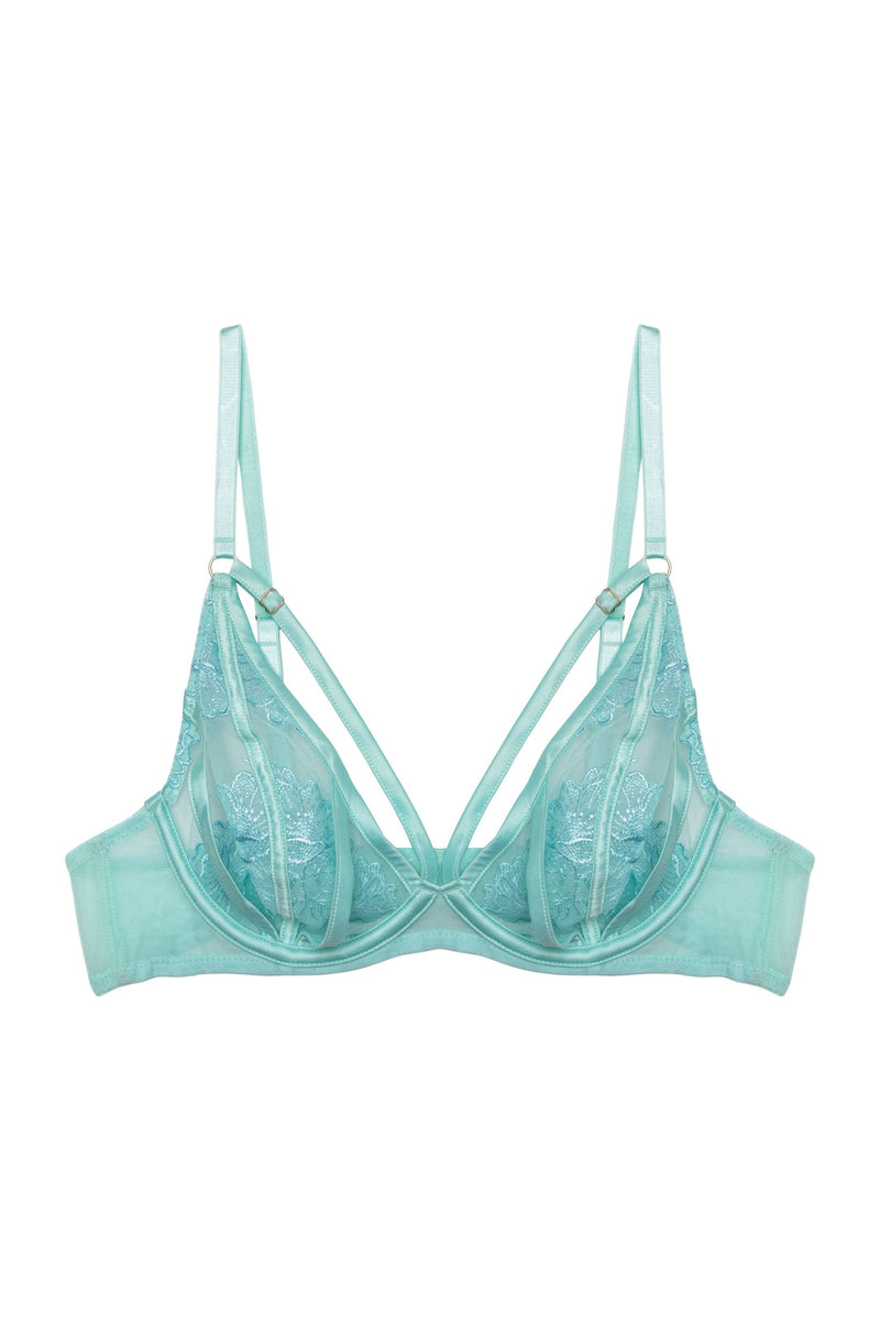 aqua plunge bra featuring sheer mesh cups with floral embroidery, supportive underwire, and decorative strappy detailing for a bold and elegant lingerie look