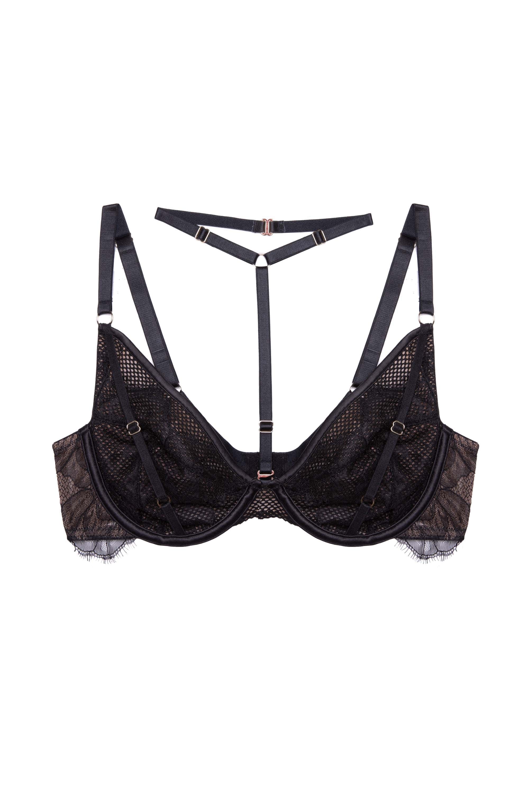 Fairfield Black Fishnet And Lace Plunge Bra – Playful Promises USA