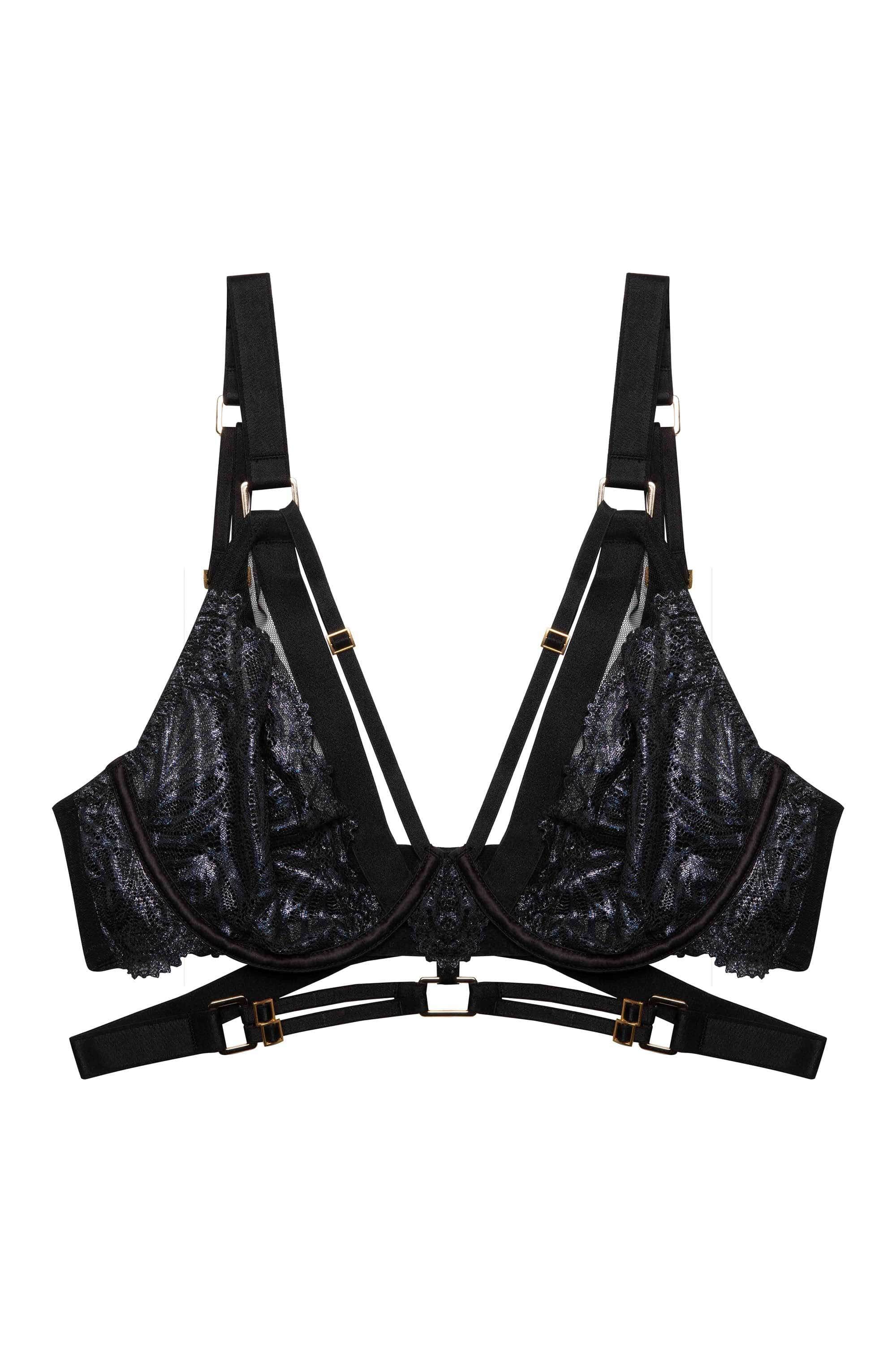 Black wet look lace plunge bra with straps