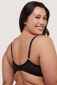 model shows black mesh hook and eye fastening bra back