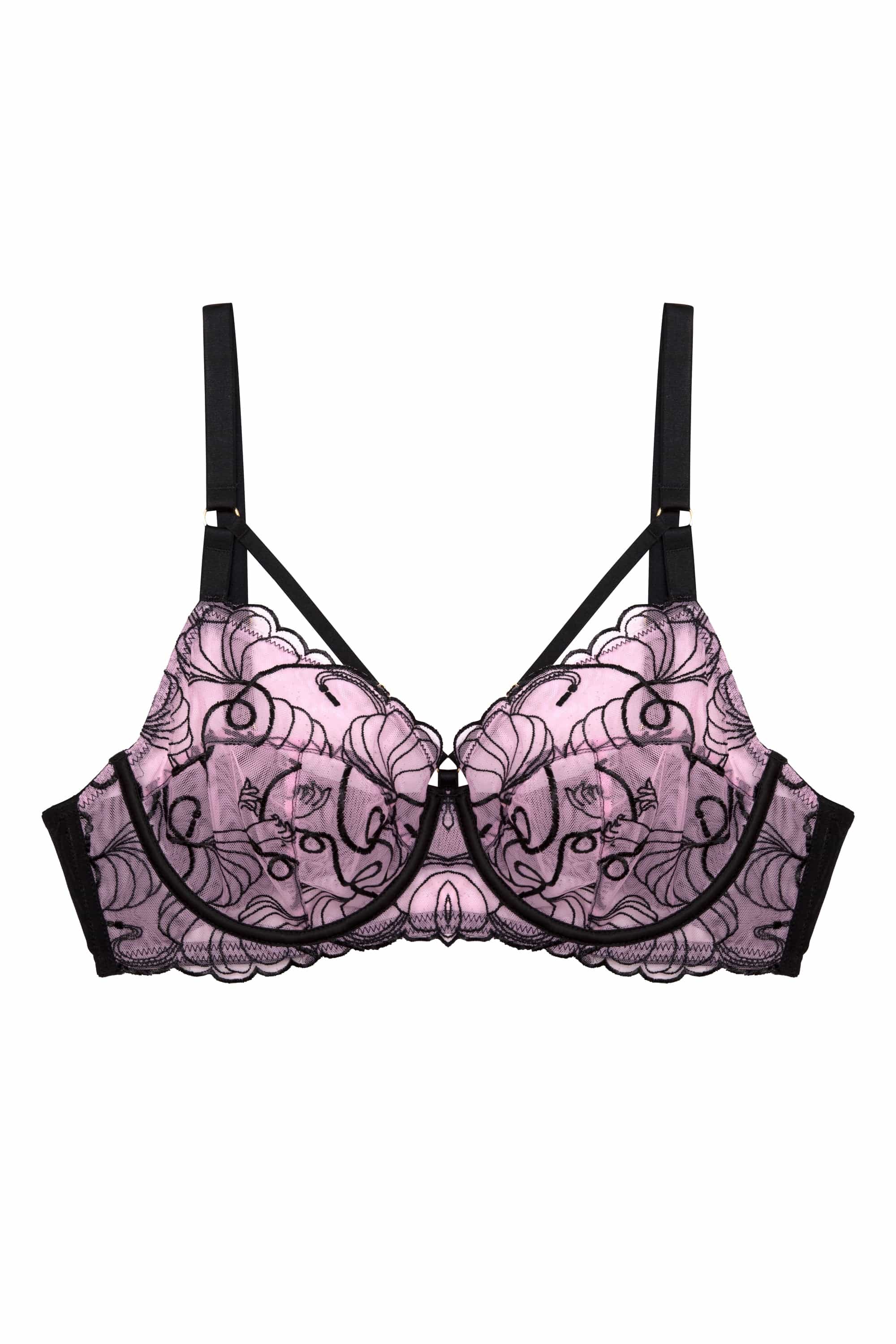 Pink and black embroidered bra with straps