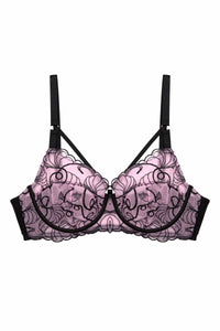 Pink and black embroidered bra with straps