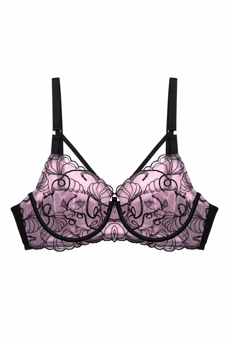 Pink and black embroidered bra with straps