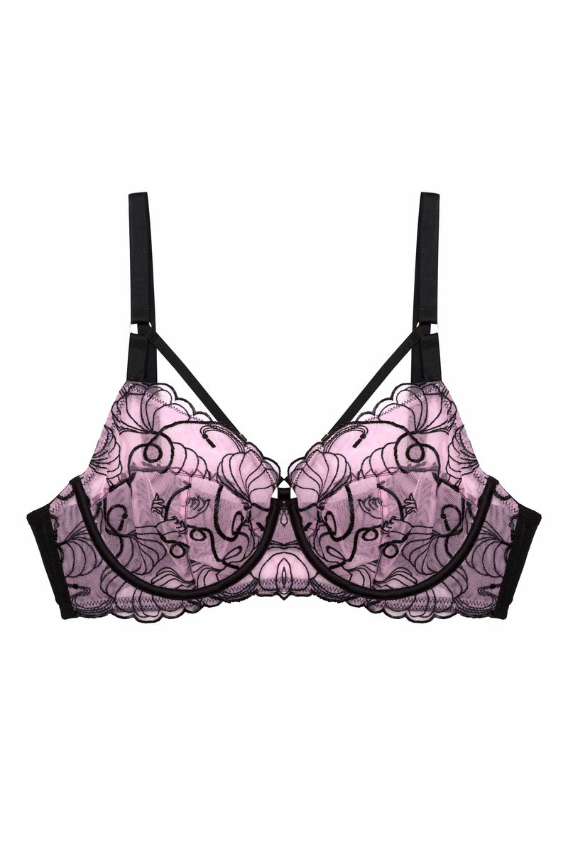 Pink and black embroidered bra with straps