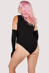 model shows full back of sleeveless bodysuit and matching over-elbow gloves
