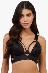 model wears black satin plunge bra with straps