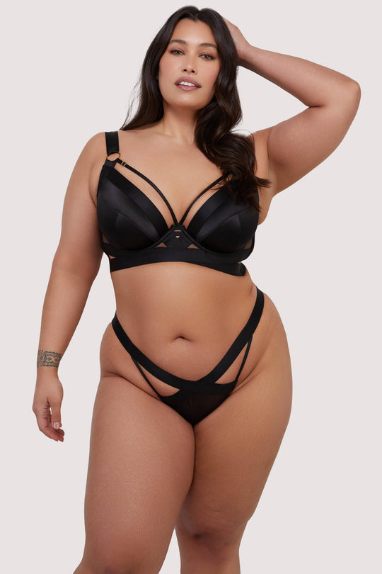 Etta Black Satin and Mesh Longline Padded Plunge Bra