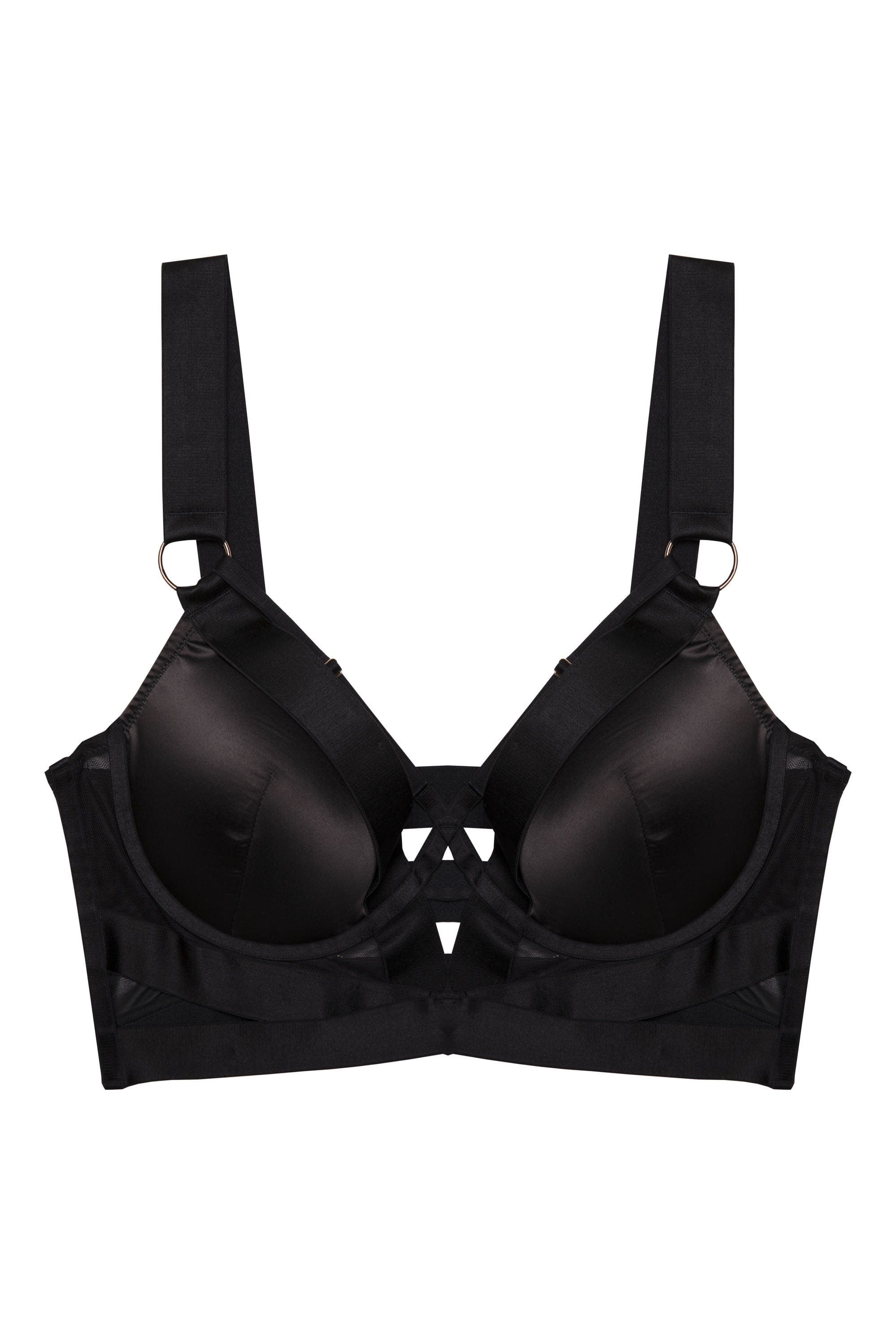 Etta Black Satin and Mesh Longline Padded Plunge Bra