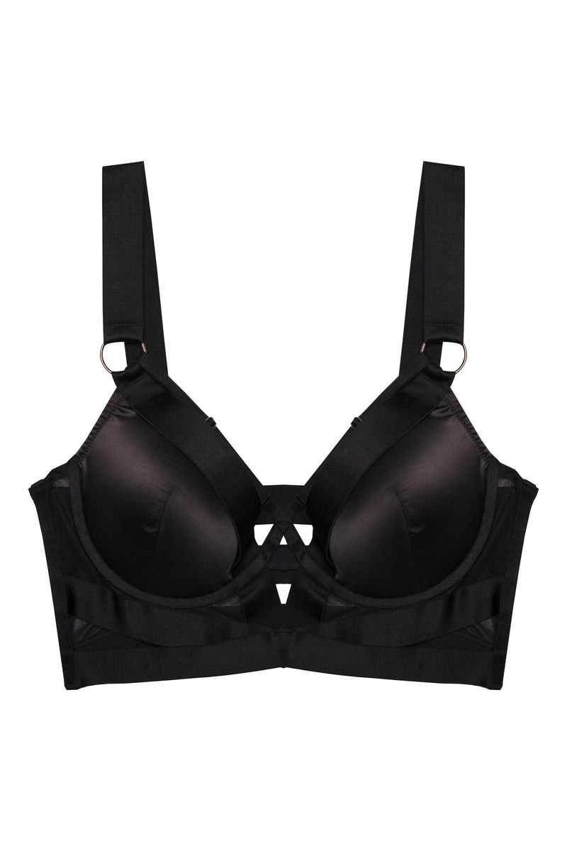 Etta Black Satin and Mesh Longline Padded Plunge Bra