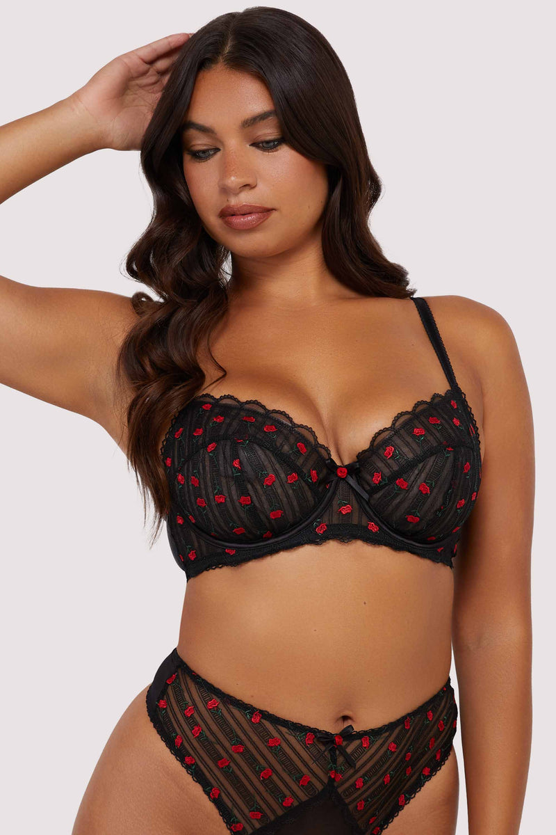 Elodie Black and Red Rosebud Embroidery Balconette Bra