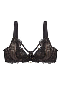 Black floral embroidered lace balcontte bra with harness straps