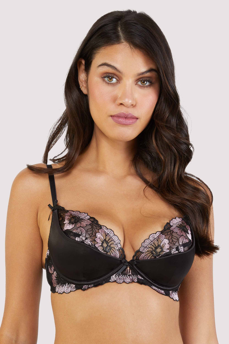 Alicia Black and Pink Embroidered Plunge Bra – Playful Promises USA