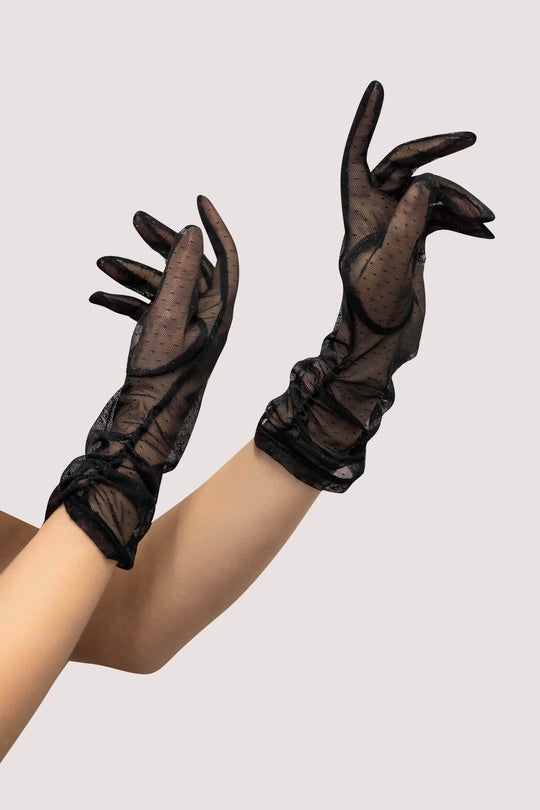 Black Gathered Spot Mesh Gloves