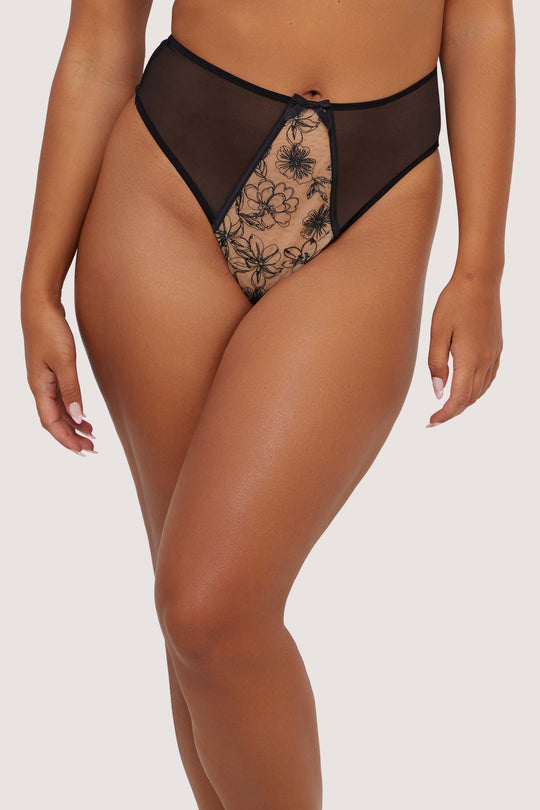 Olivia Black Contrast Embroidery Thong