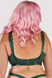 Back view of a dark green mesh balcony bra.