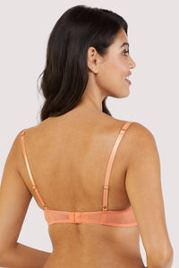 Back view of Orange mesh bra with blue-lilac embroidery and bows.