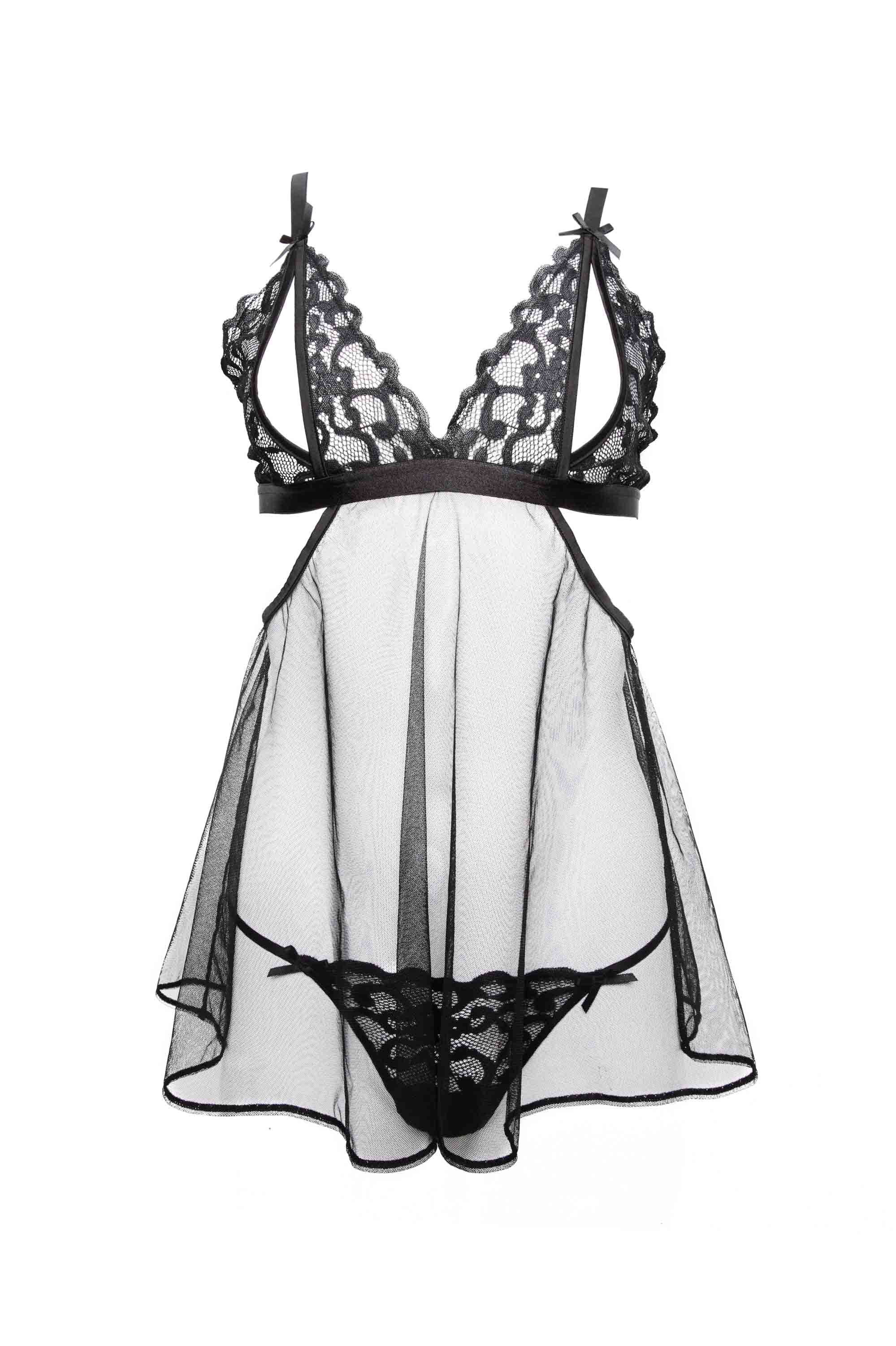 Cutout of a black babydoll dress with lace and peephole cutouts on the bust and a flowing mesh dress with matching thong.