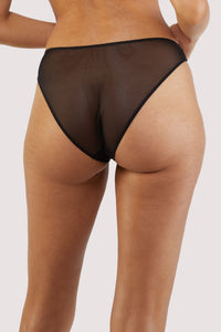 Back view of a black panelled mesh and lace brief with lace detailing.